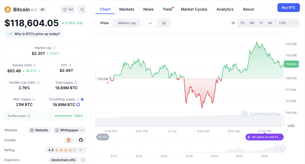 نمودار قیمت و اطلاعات بازار بیت کوین - منبع: CoinMarketCap